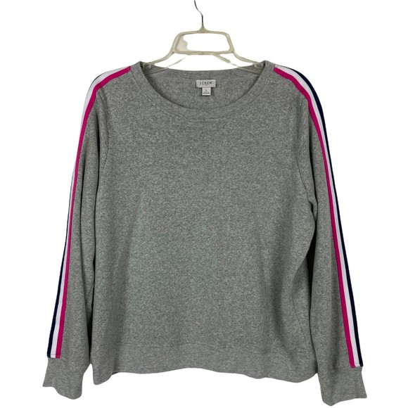 J Crew Sweatshirt Women Large Gray Striped Fleece Pullover Round Neck Athlesure - Picture 1 of 9